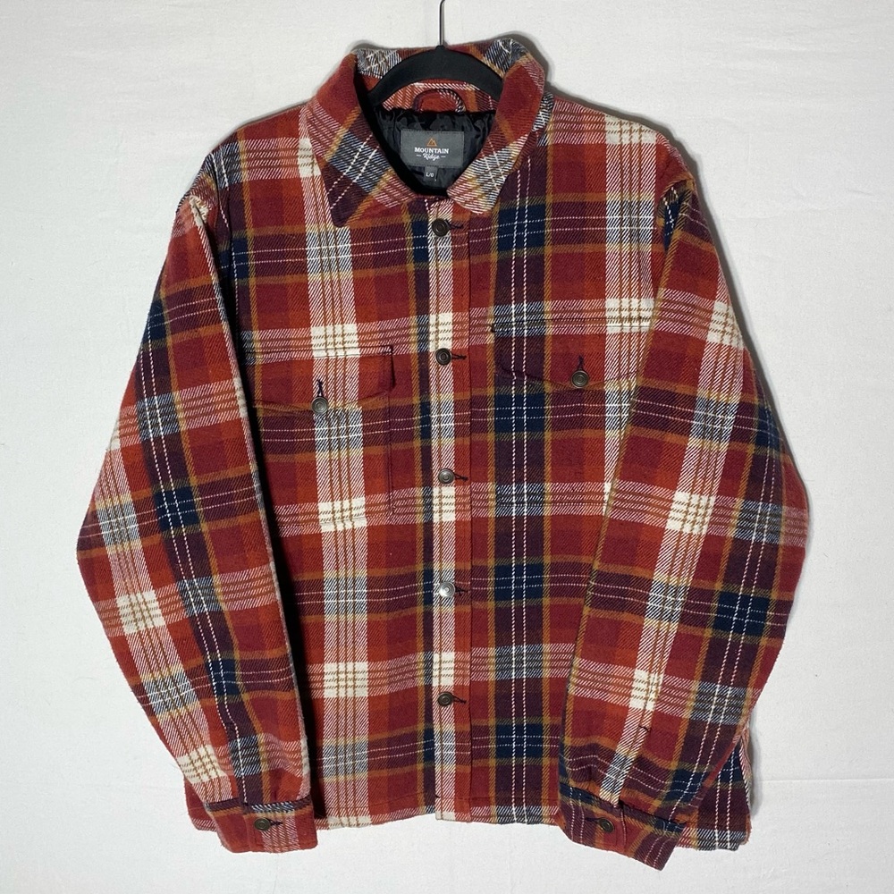 Mountain Ridge Red Navy Plaid Button Up Shirt Jacket Shacket L Utility Grunge